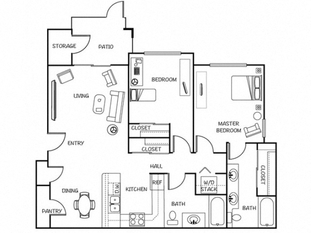Floor plan for 2 beds, 2 baths, 1100 sqft